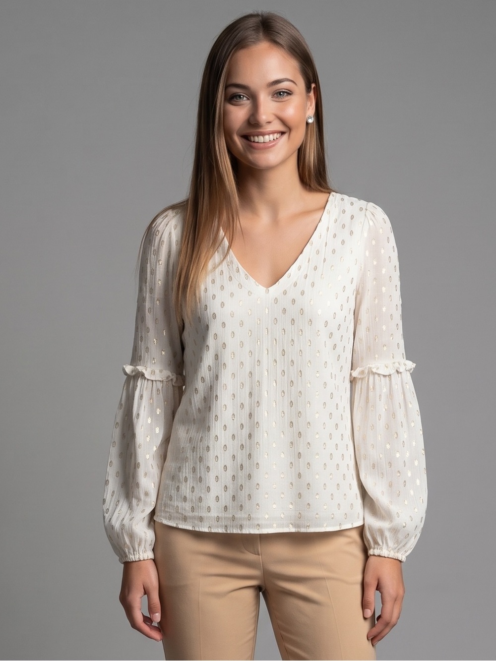 🌻Lilly Pulitzer Cleme Long Sleeve Coconut Metallic Clip Dot V Neck Blouse Size 0